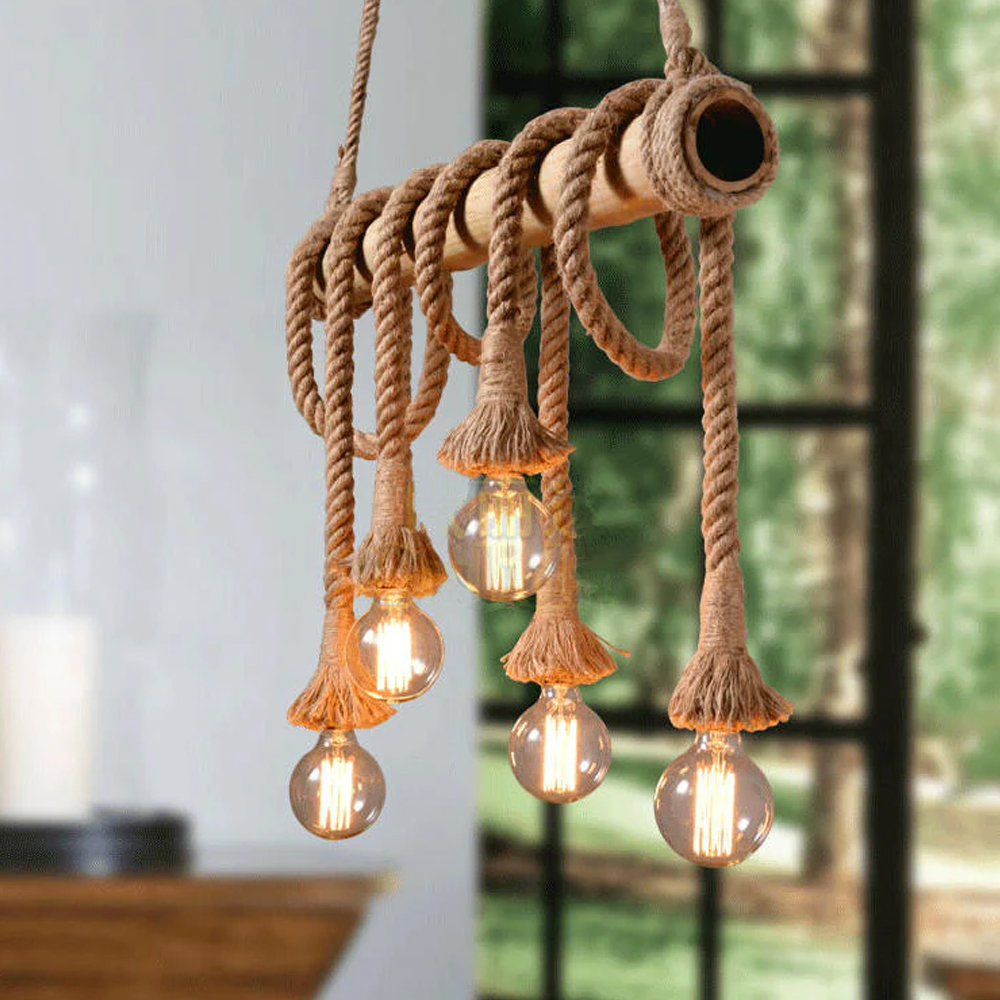 Edison Retro Chandelier Vintage Bamboo Hemp Rope Pendant Lamp