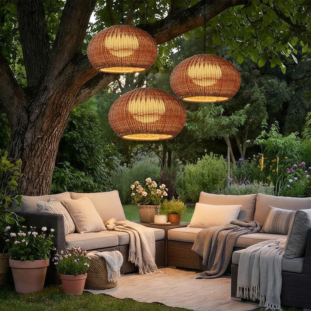 Rustic Rattan Pendant Lighting Waterproof Outdoor Garden Lantern for Gazebo and Terrace
