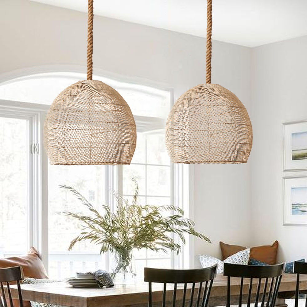 Rattan Pendant Light | Boho Woven Hanging Lamp for Dining Room & Kitchen