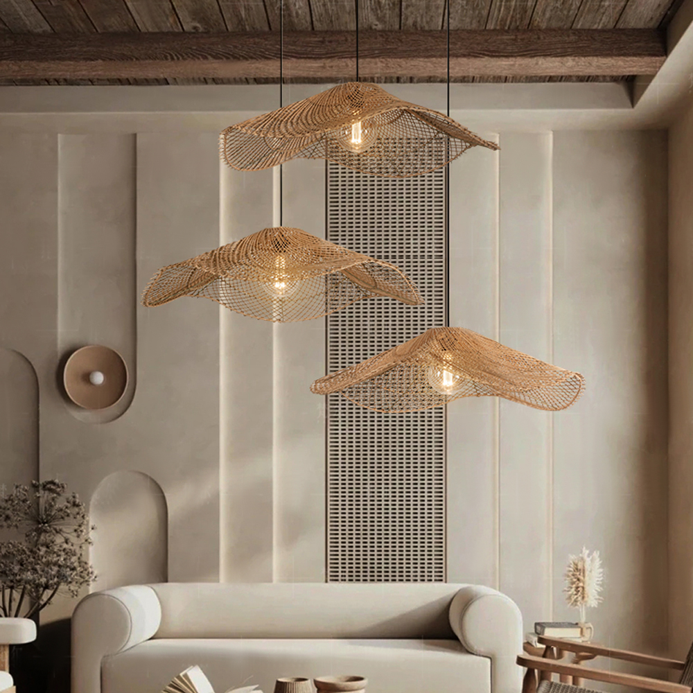 Handwoven Straw Hat Restaurant Pendant Light Wabi-sabi Style Rattan Chandelier