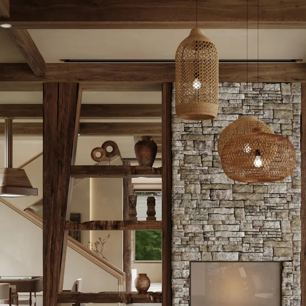 Wabi-sabi Style Living Room Rattan Chandelier Homestay Duplex Staircase Decor Hanging Lamp