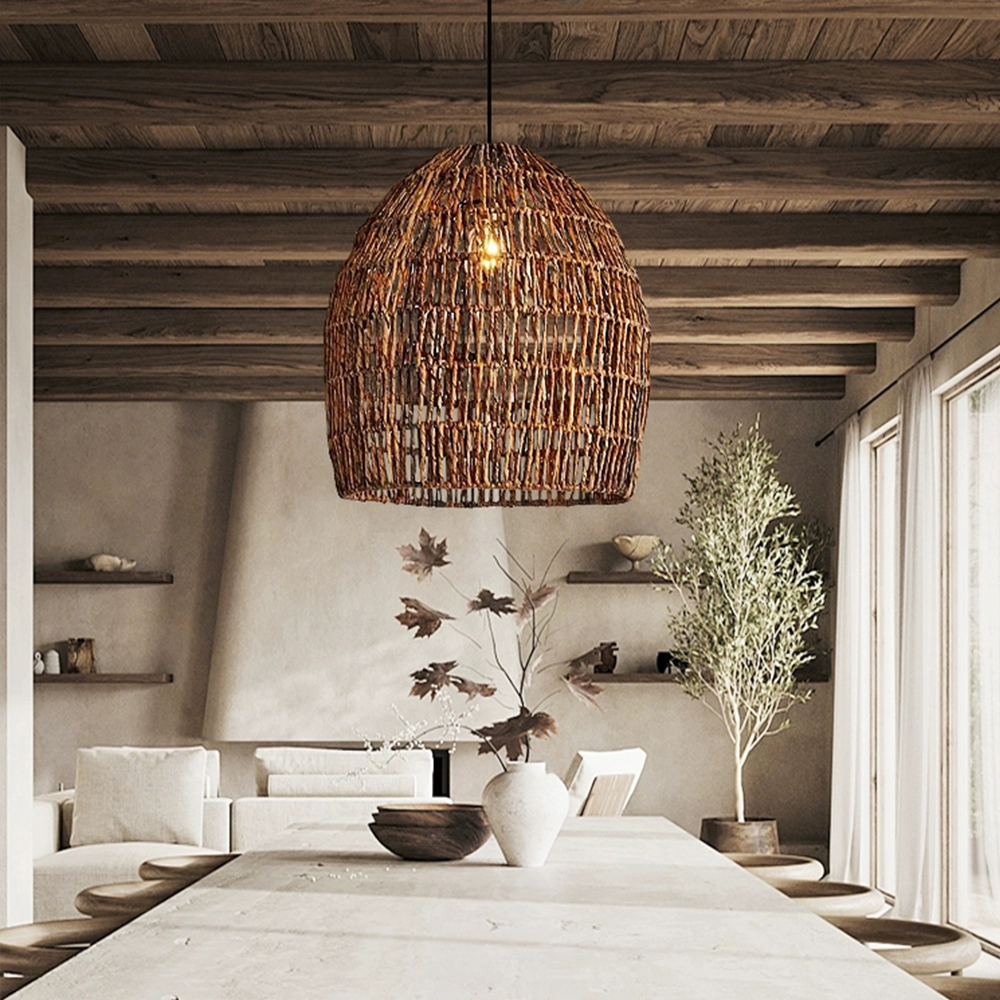 Japanese Rattan Pendant Light Kitchen Island Living Room Woven Chandelier
