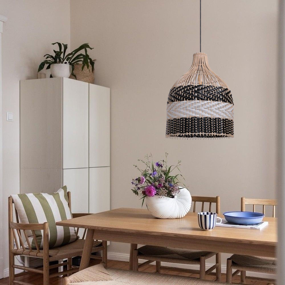 Modern Boho Two-Tone Rattan Pendant Light Handwoven Wicker Bell Hanging Lamp for Kitchen Island Bar & Coastal Home Decor