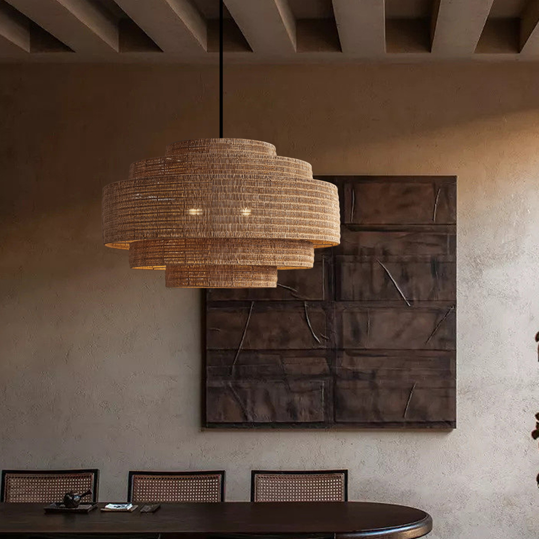 Retro Wabi-sabi style Dining Table Rattan Pendant Light B&B Decoration Handwoven Lampshade