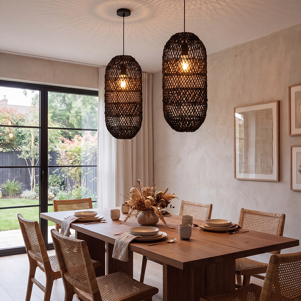 Boho Style Black Rattan Chandelier Natural Wicker Handmade Lampshade