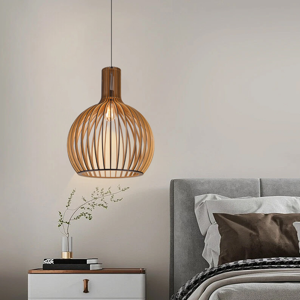 Birdcage Design Black Wooden Hanging Light Japanese Dining Area Chandeliers
