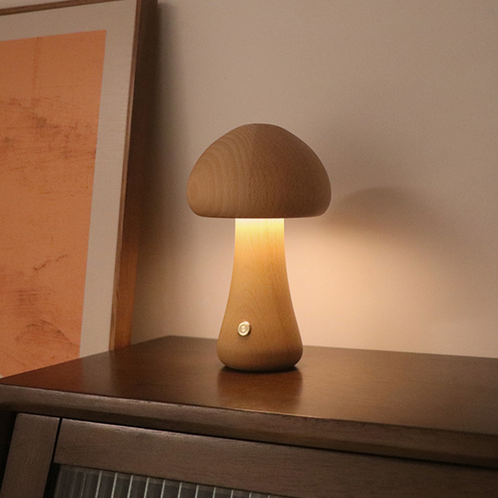 Wooden Mushroom Table Lamp LED Touch Switch Retro Sleeping Night Lamp