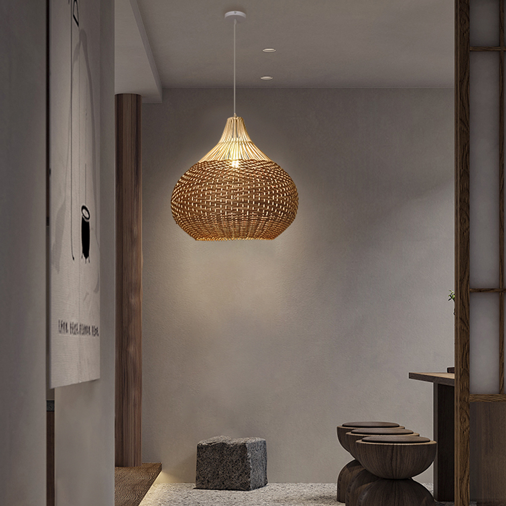 Handmade Rattan Weave Art Chandelier Round Pendant Lampshade Japanese Wabi-Sabi Chandelier
