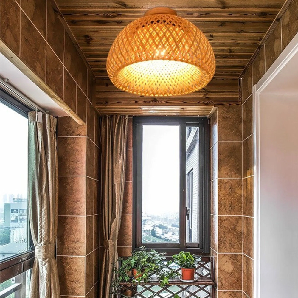 Hand Woven Bamboo Chandelier Wicker Flush Mount Ceiling Light