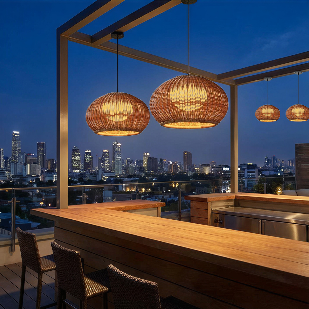 Rustic Rattan Pendant Lighting Waterproof Outdoor Garden Lantern for Gazebo and Terrace