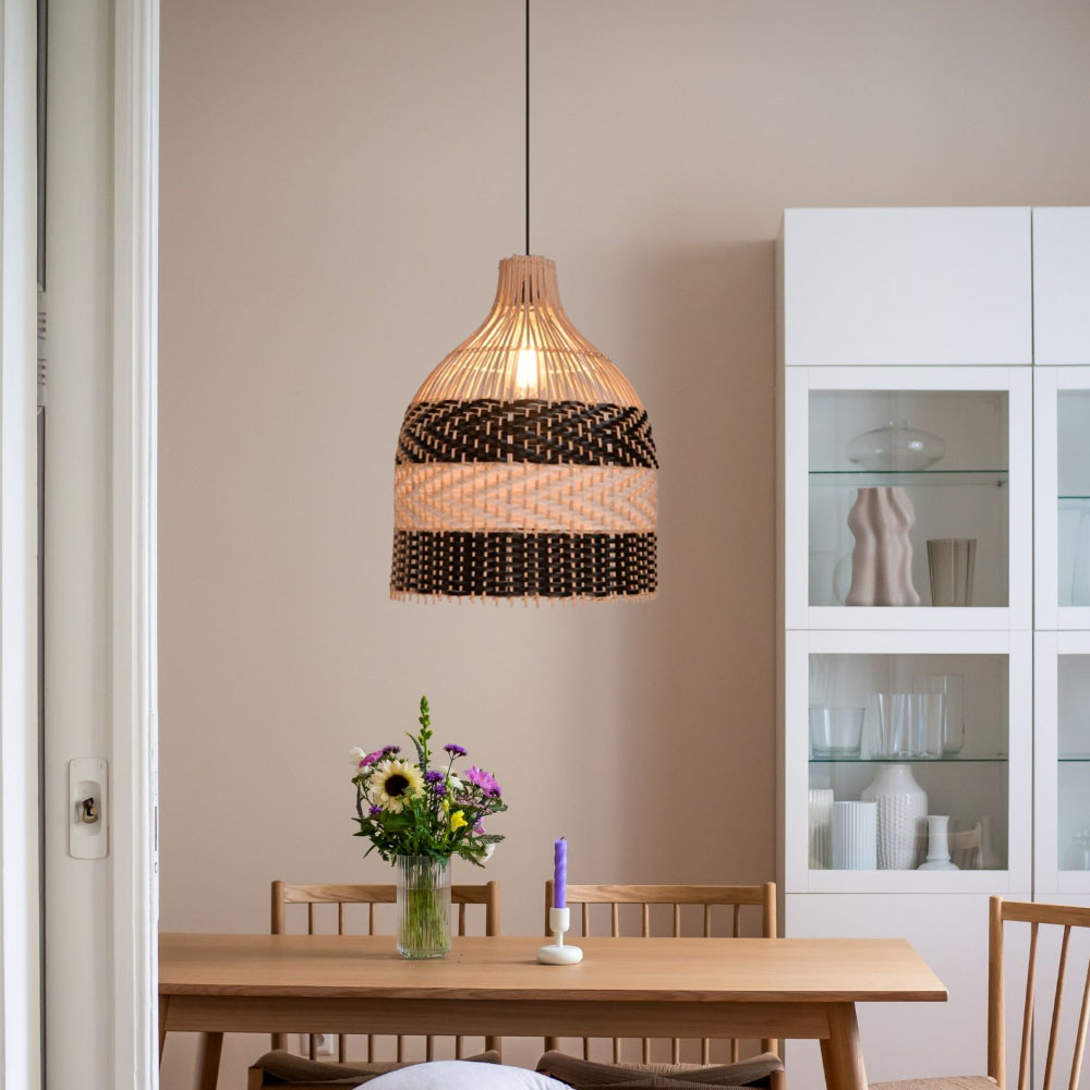Modern Boho Two-Tone Rattan Pendant Light Handwoven Wicker Bell Hanging Lamp for Kitchen Island Bar & Coastal Home Decor
