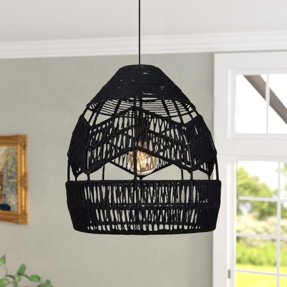 Boho Kitchen Island Black Pendant Light Handwoven Rope Hanging Lamp Shade