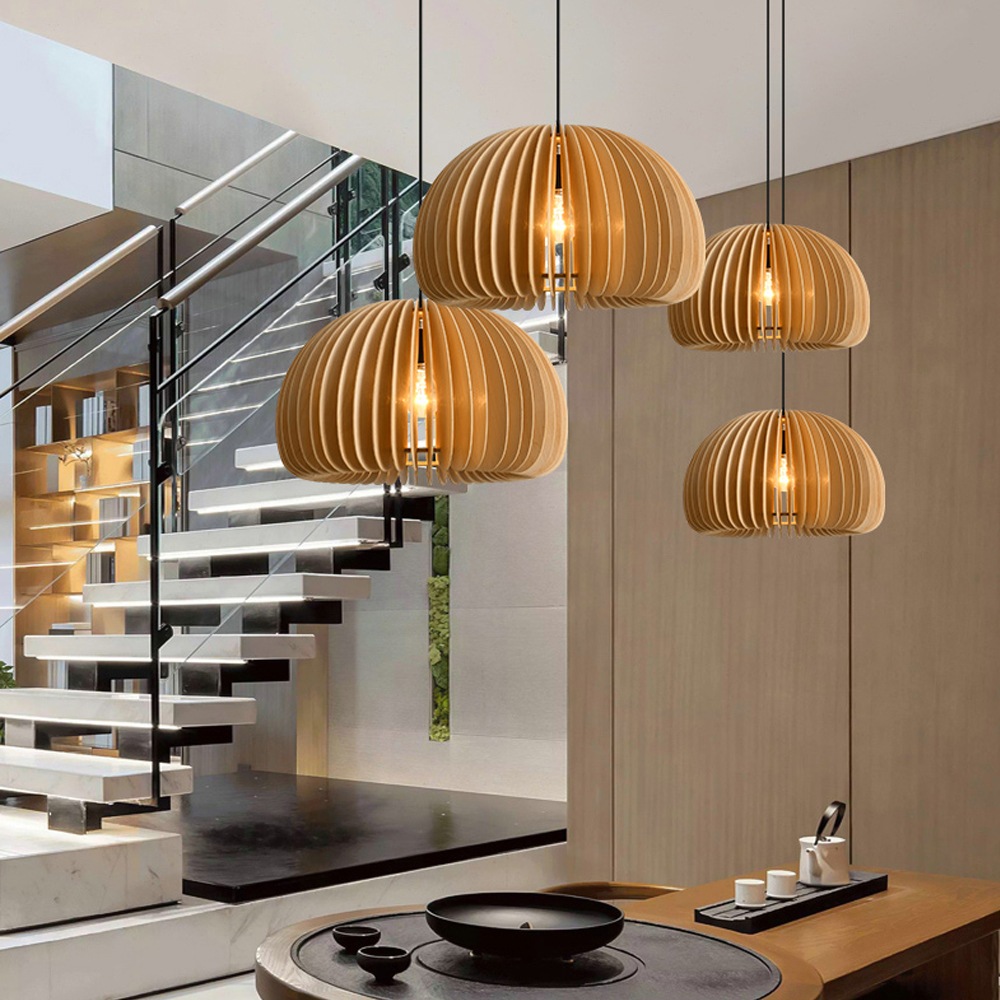 Japanese Pumpkin Lantern Wood Pendant Light Farmhouse Living Room Chandelier