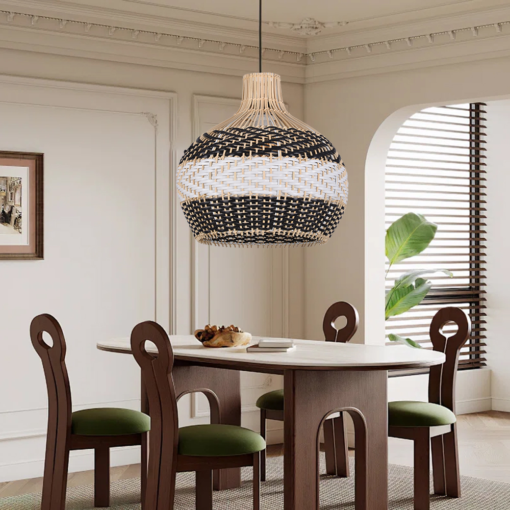 Drum-shaped Black and White Rattan Chandelier for Dining Room Kitchen Room