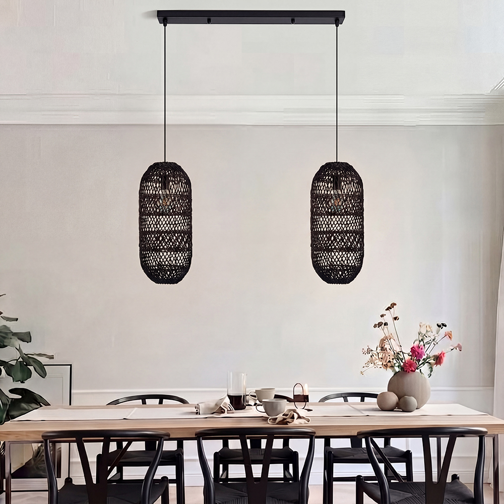Boho Style Black Rattan Chandelier Natural Wicker Handmade Lampshade
