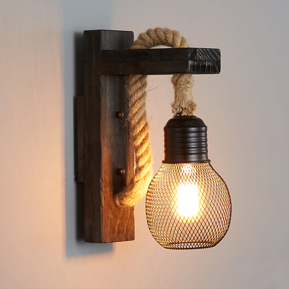 Retro Solid Wood Wall Lamp Industrial Style Hemp Rope Wall Sconce