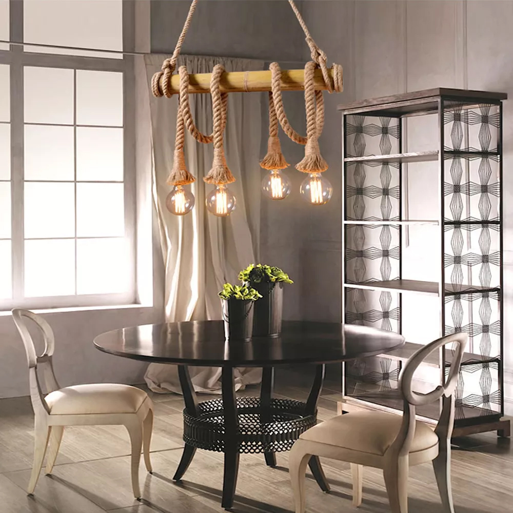 Edison Retro Chandelier Vintage Bamboo Hemp Rope Pendant Lamp