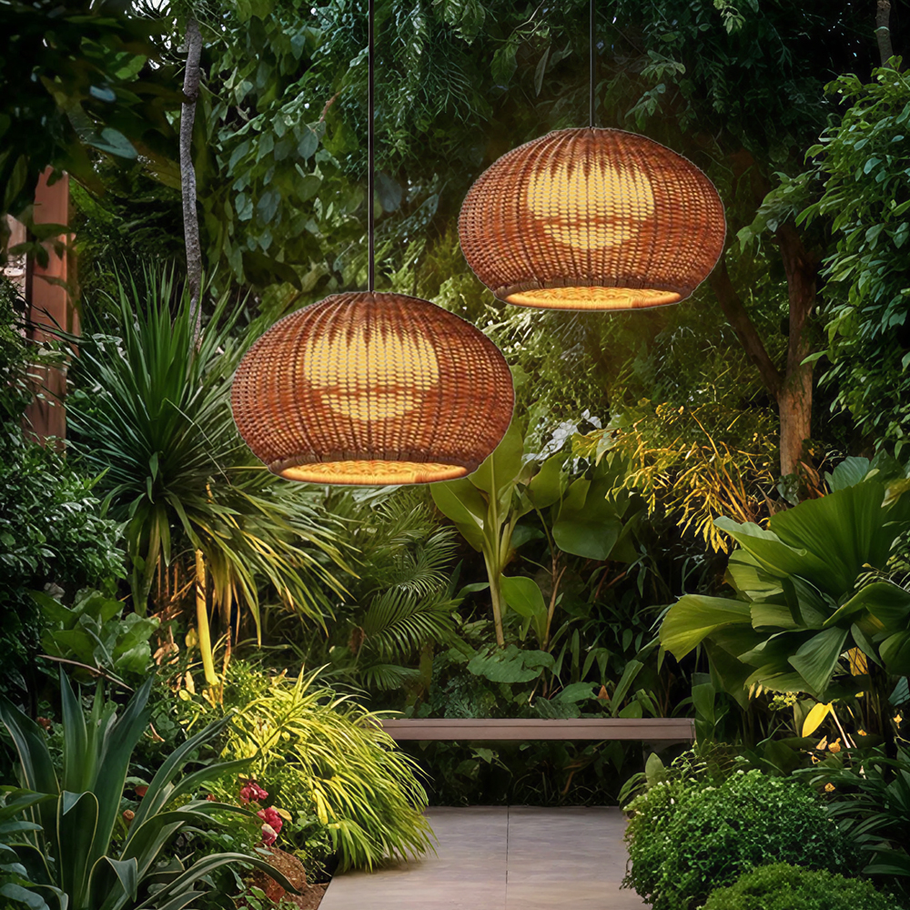 Rustic Rattan Pendant Lighting Waterproof Outdoor Garden Lantern for Gazebo and Terrace