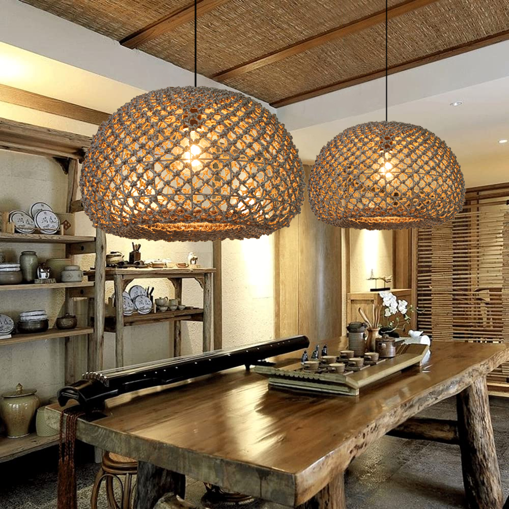 Wabi-sabi Macrame Seagrass Pendant Light for Dining Area Living Room