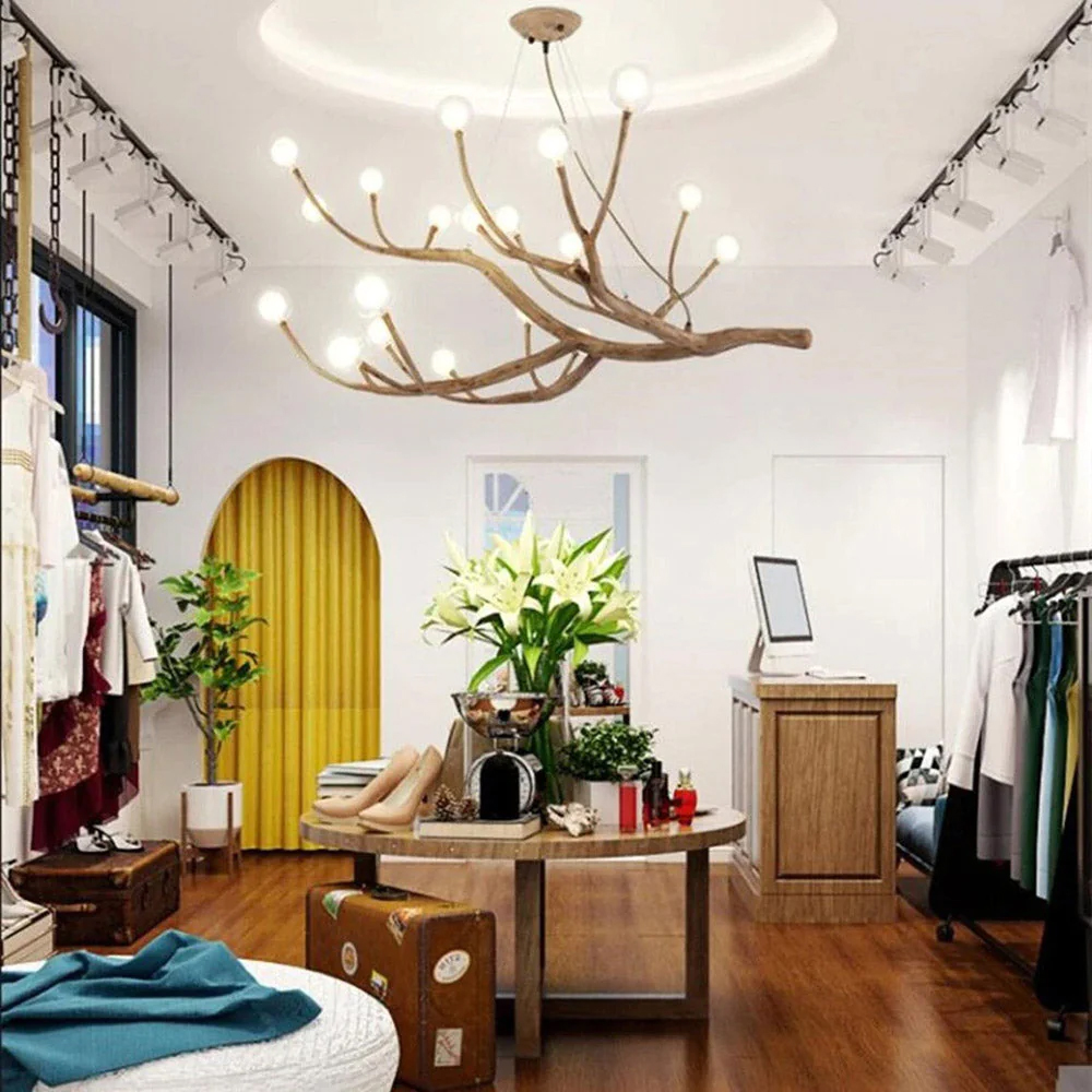 Nordic Rustic Tree Branch Hanging Chandelier with Bubble Glass lighting
