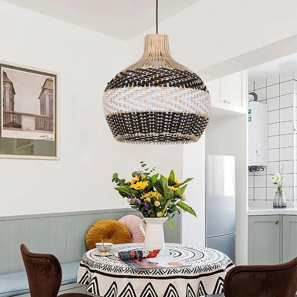 Drum-shaped Black and White Rattan Chandelier for Dining Room Kitchen Room