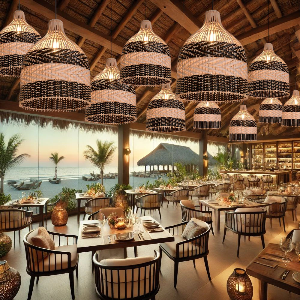 Modern Boho Two-Tone Rattan Pendant Light Handwoven Wicker Bell Hanging Lamp for Kitchen Island Bar & Coastal Home Decor