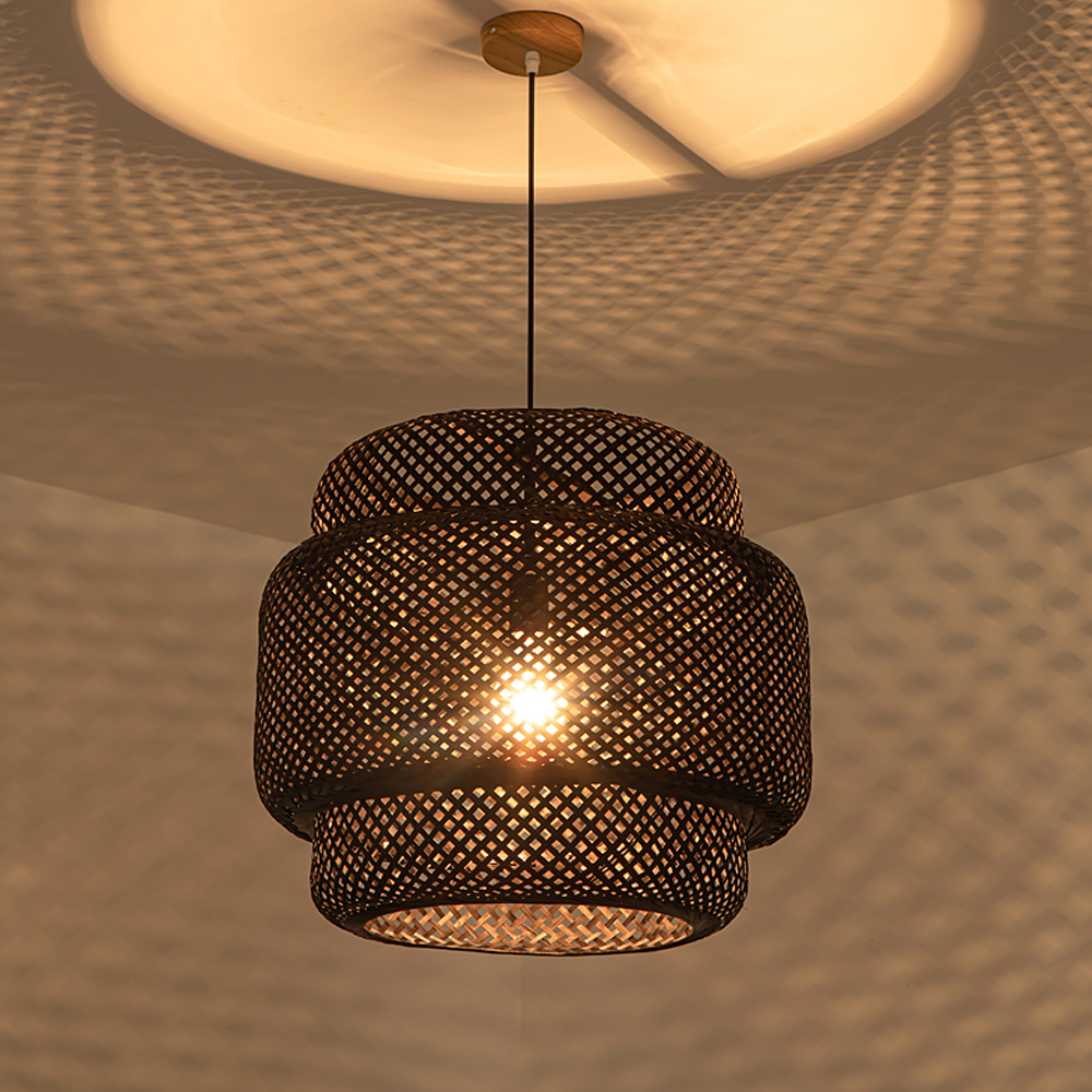 Black Bamboo Tiered Chandelier Wicker Lamp Shades For Living Room