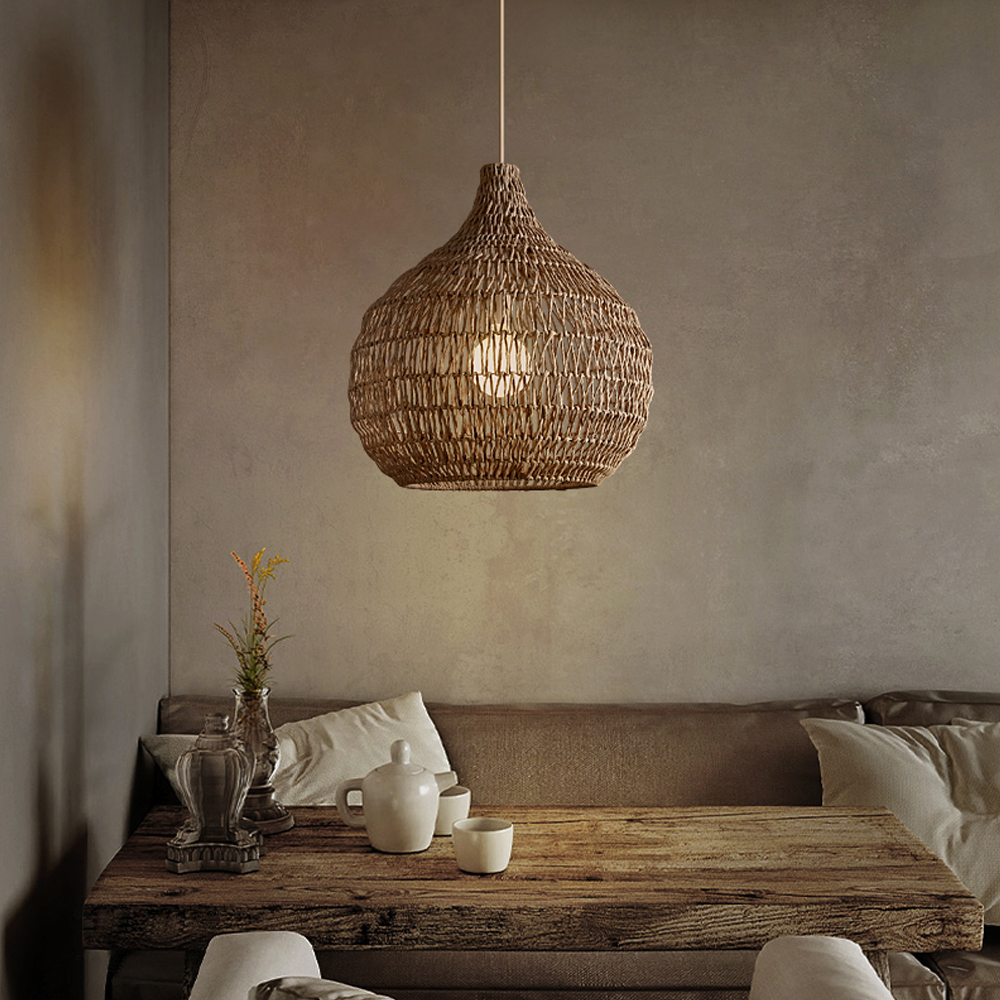 Retro Handwoven Grass Chandelier Dining Room Wicker Pendant Light 
