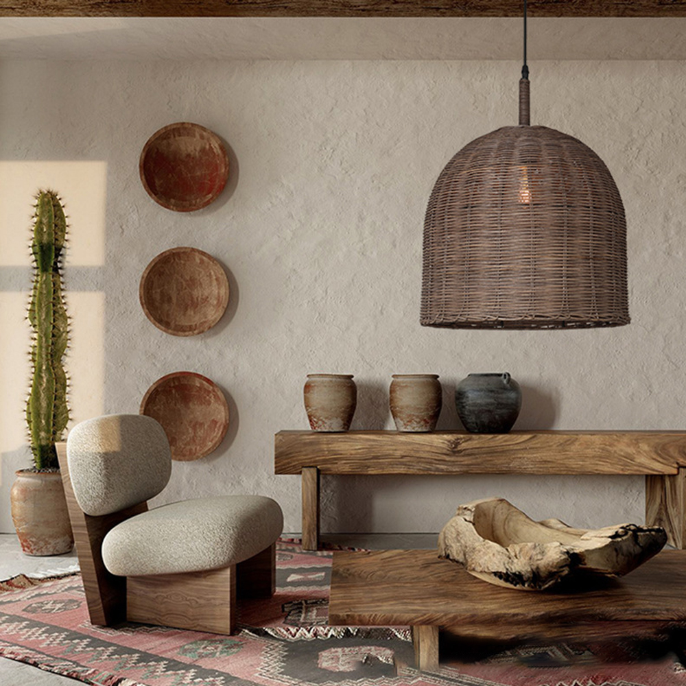 Brown Basket Weave Rattan Pendant Light
