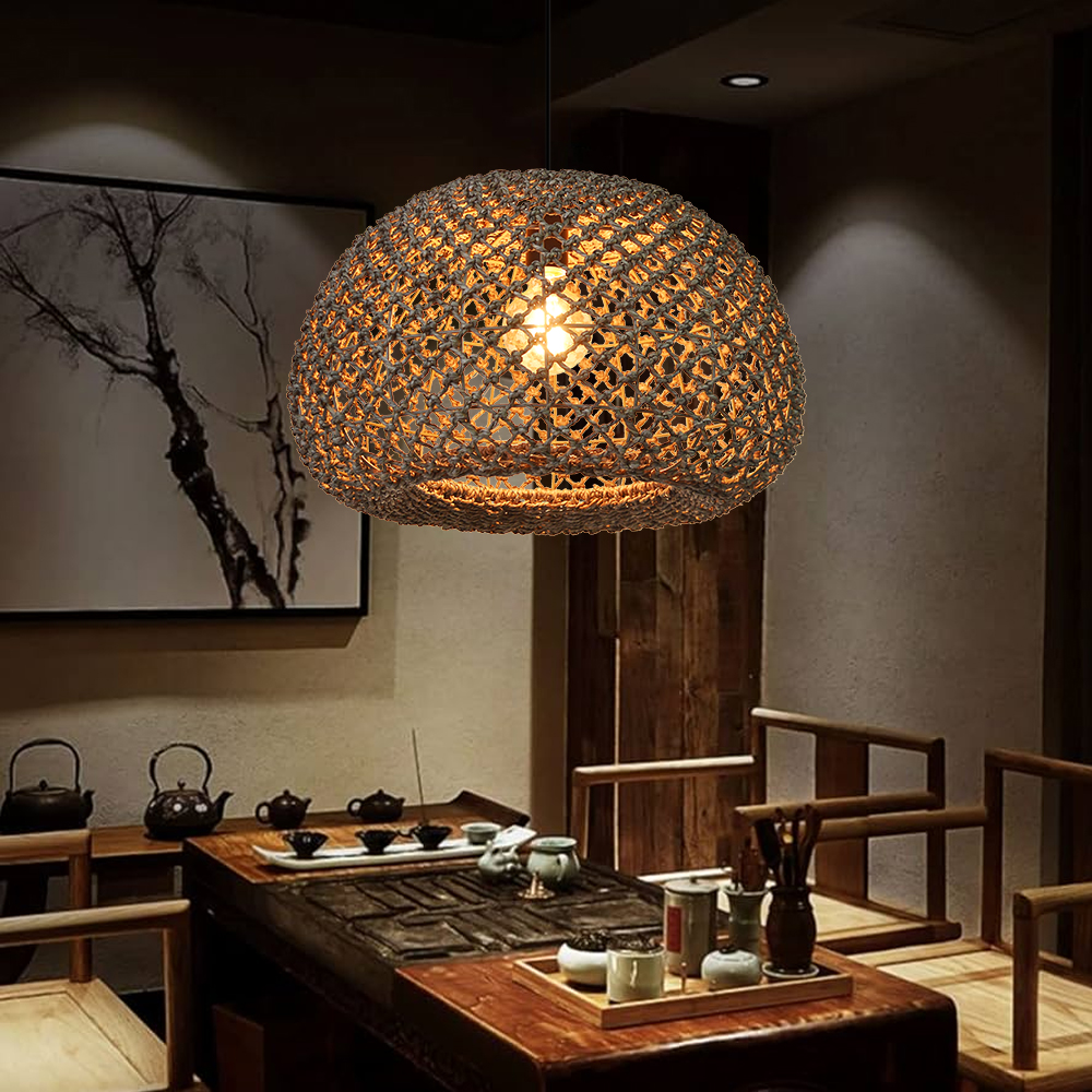 Wabi-sabi Macrame Seagrass Pendant Light for Dining Area Living Room