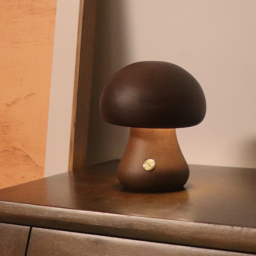 Wooden Mushroom Table Lamp LED Touch Switch Retro Sleeping Night Lamp