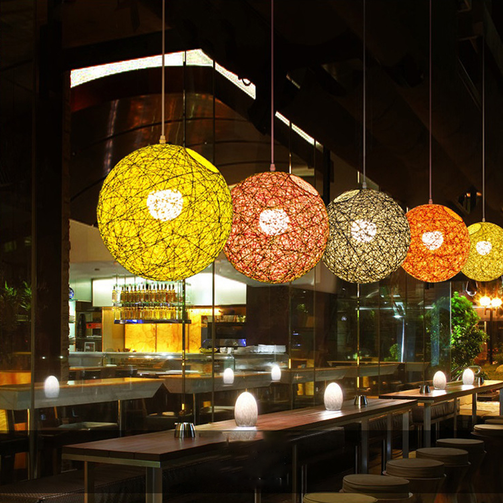 Modern Minimalist Restaurant Decor Rattan Pendant Light Hemp Rope Sphere Lighting