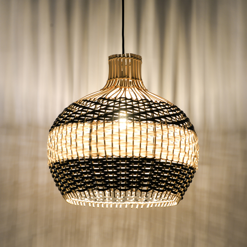Drum-shaped Black and White Rattan Chandelier for Dining Room Kitchen Room