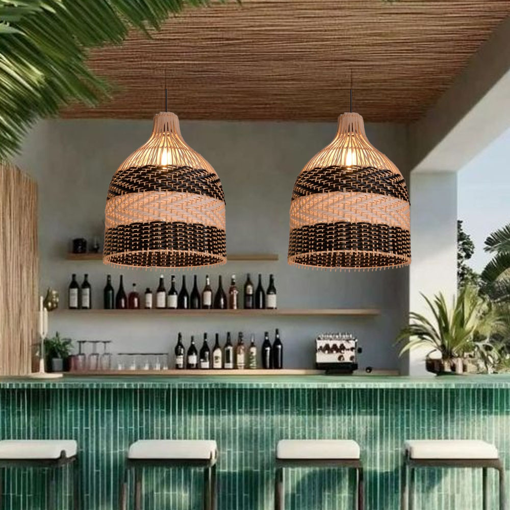 Modern Boho Two-Tone Rattan Pendant Light Handwoven Wicker Bell Hanging Lamp for Kitchen Island Bar & Coastal Home Decor