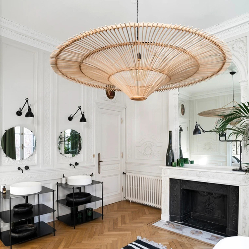 Japanese Handwoven Large Rattan Pendant Light Living Room Chandelier Lobby lighting