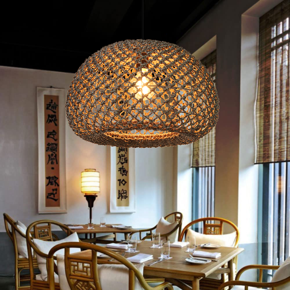 Wabi-sabi Macrame Seagrass Pendant Light for Dining Area Living Room