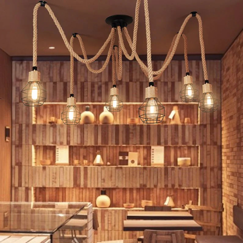 Spherical Cage Rope 6-Lights Brown Pendant Lighting Fixture