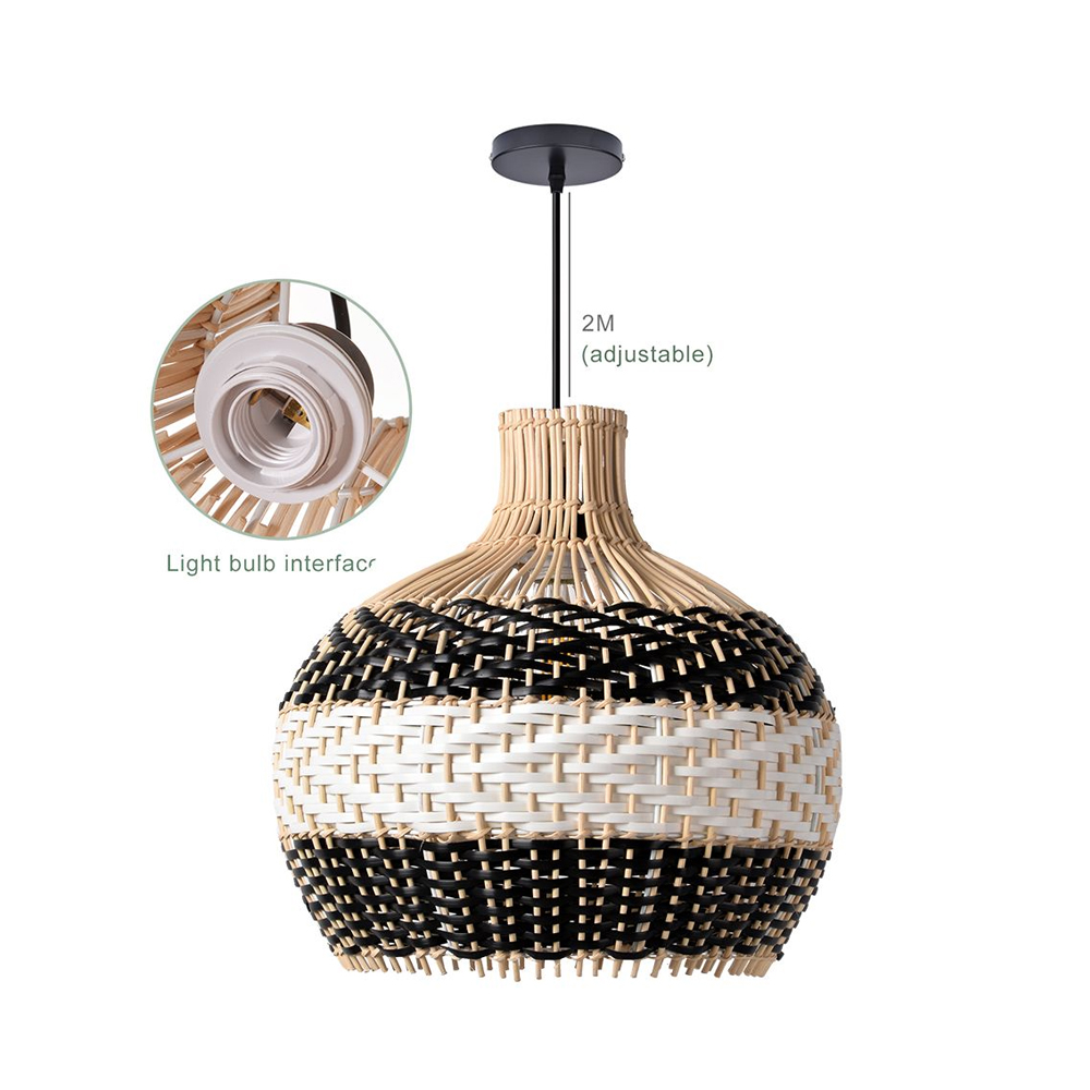 Drum-shaped Black and White Rattan Chandelier for Dining Room Kitchen Room