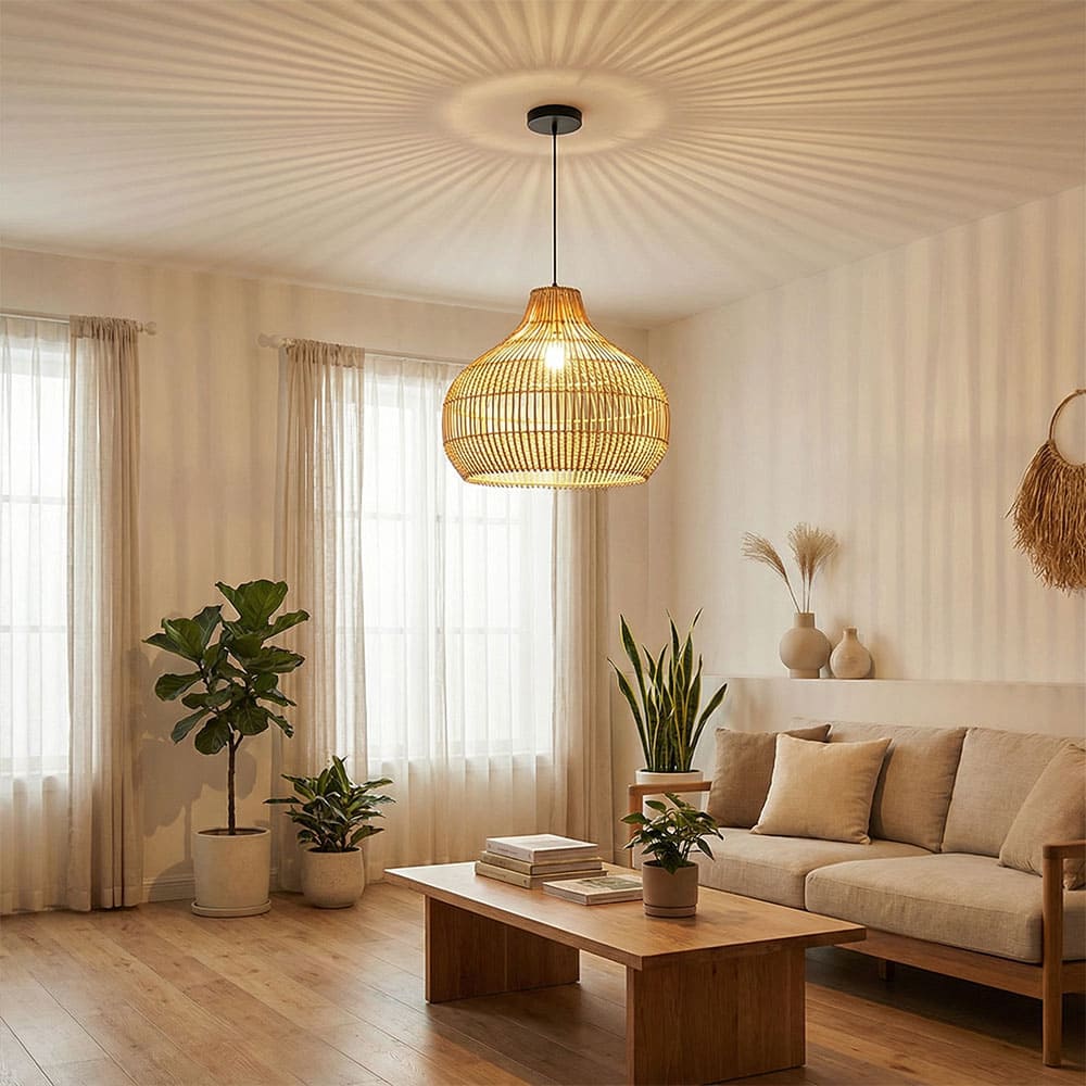 Modern Wicker Pendant Light  Woven Boho Earthy Hanging Ceiling Fixture