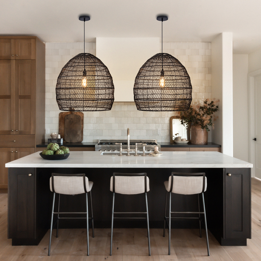 Dining Room Black Wicker Rattan Pendant Light Chic Boho Home Lighting