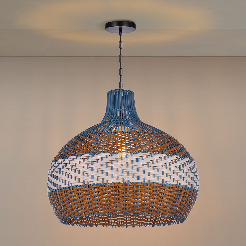Coastal Light Blue Rattan Pendant Light Round Lamp Wicker Chandelier