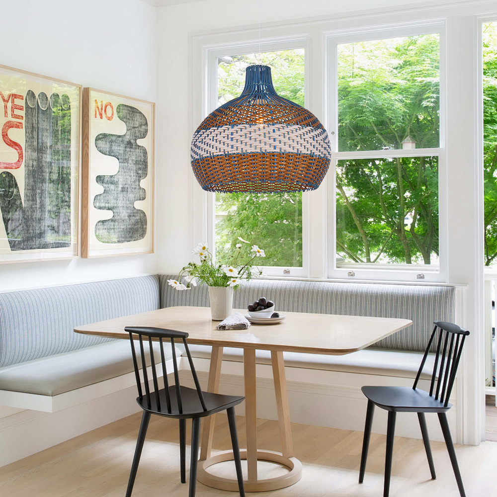 Coastal Light Blue Rattan Pendant Light Round Lamp Wicker Chandelier