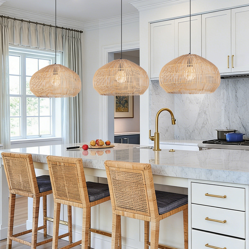 Minimalist Rattan Hanging Light Fixture Handcrafted Modern Dining Room Kitchen Island Decor Lamp