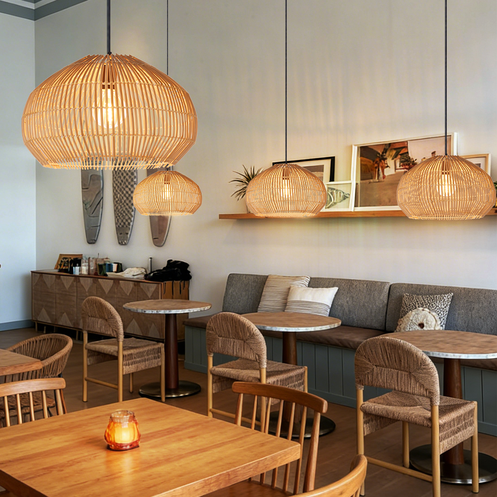 Minimalist Rattan Hanging Light Fixture Handcrafted Modern Dining Room Kitchen Island Decor Lamp