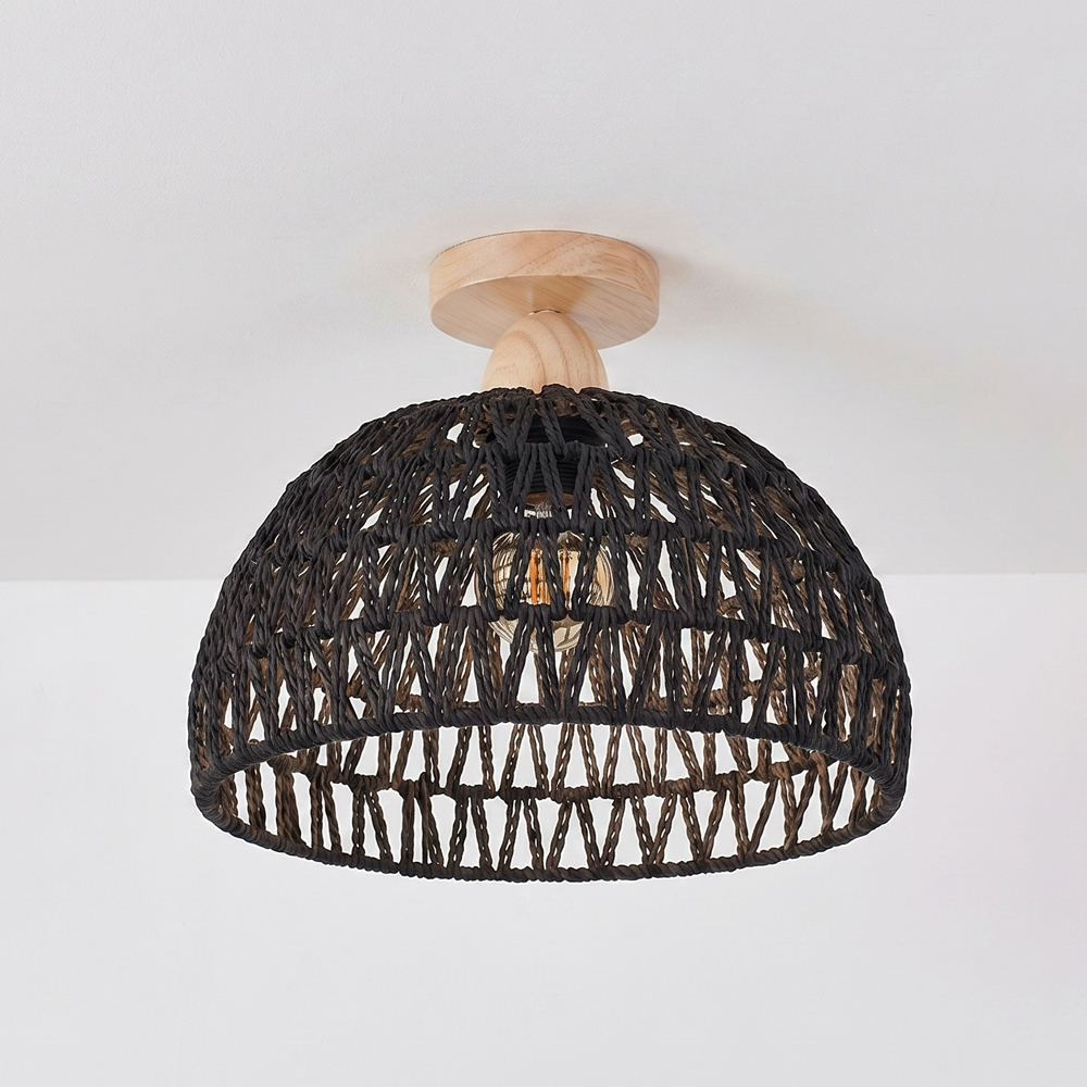 Black Paper Rope Dome Ceiling Light Hand Woven Semi Flush Mount Basket Lamp