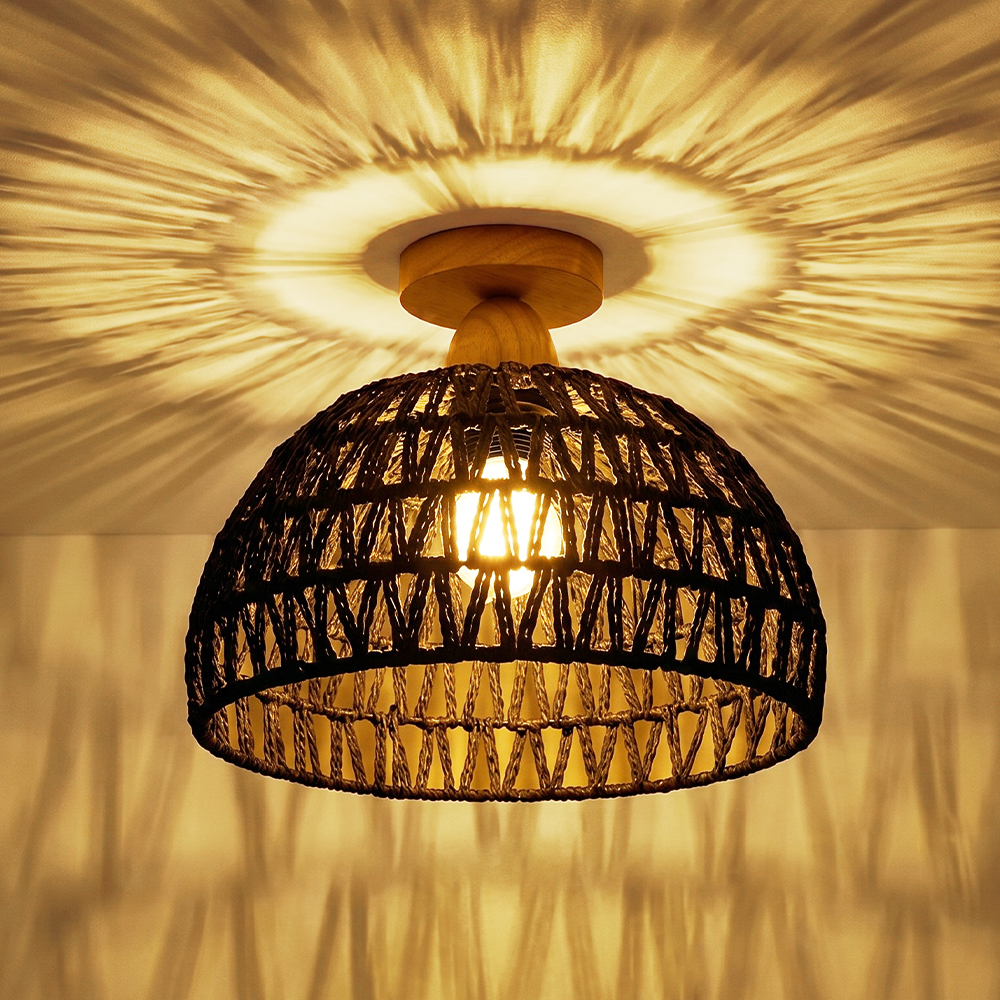 Black Paper Rope Dome Ceiling Light Hand Woven Semi Flush Mount Basket Lamp