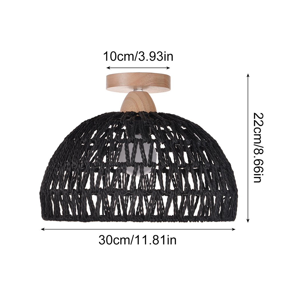 Black Paper Rope Dome Ceiling Light Hand Woven Semi Flush Mount Basket Lamp