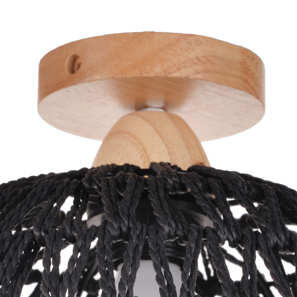 Black Paper Rope Dome Ceiling Light Hand Woven Semi Flush Mount Basket Lamp