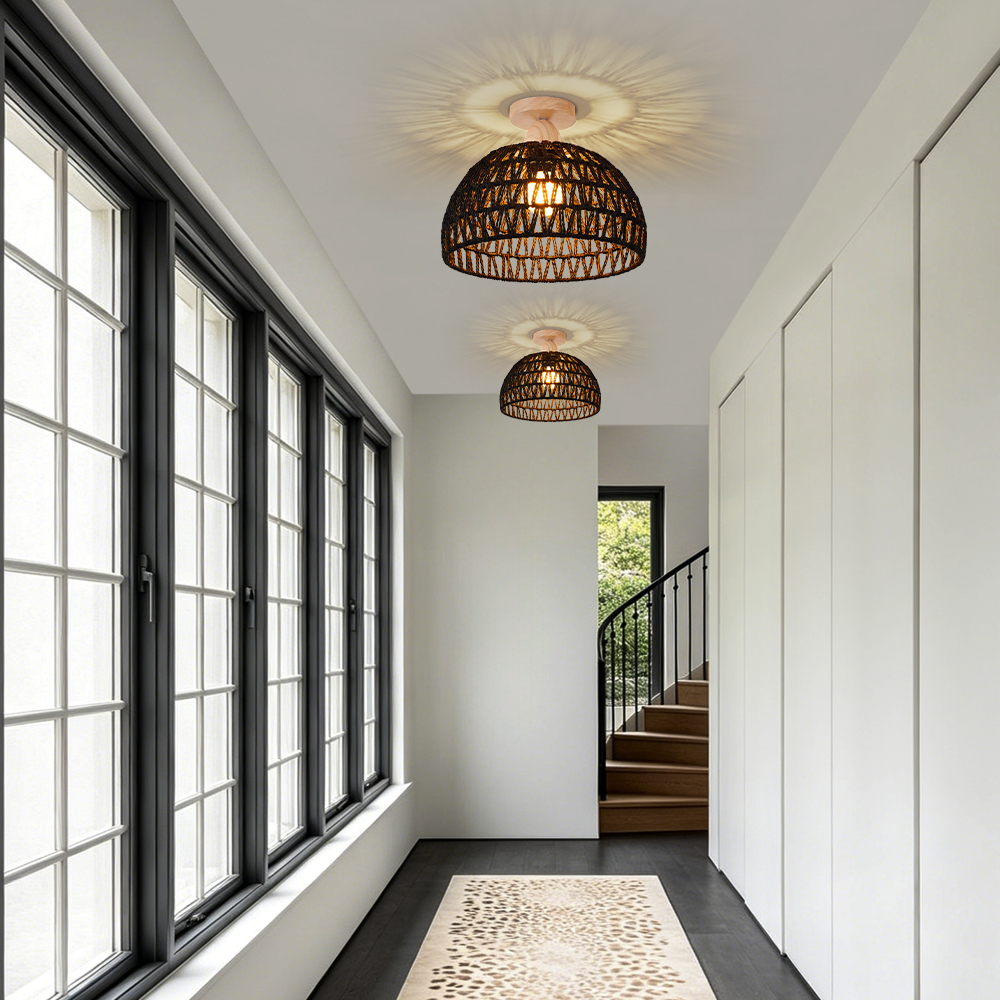Black Paper Rope Dome Ceiling Light Hand Woven Semi Flush Mount Basket Lamp