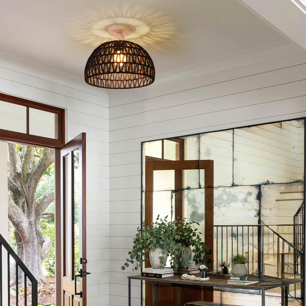 Black Paper Rope Dome Ceiling Light Hand Woven Semi Flush Mount Basket Lamp